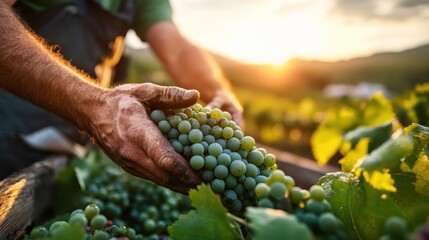 A close-up of hands carefully holding a bunch of green grapes under the warm glow of the sunset, symbolizing the beauty of agriculture and nature's bounty.