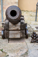 Cannons at the entrance of Arco de La Villa in The Main square of Chinchilla de Montearagon town