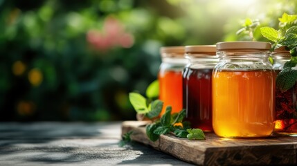 A delightful array of jars filled with vibrant beverages stands on a wooden board, representing refreshment and enjoyment in a refreshing outdoor setting, enhanced by natural lighting.