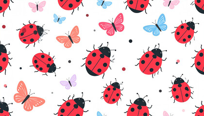 A cheerful seamless pattern featuring red ladybugs and colorful butterflies scattered on a white background, with small dots interspersed