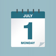 July 1 Calendar Icon Vector Illustration, Flat Design Daily Date Symbol for Summer Events, Holidays, Canada Day or Schedule Reminder, Isolated Calendar Clipart Graphic