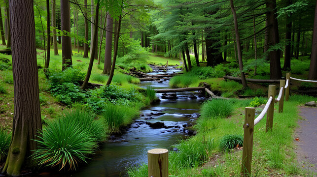 Serene forest scene with a babbling brook and wooden fence, greenery, trees, wooden fence