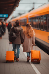 Two passengers, a man and a woman talking and walking along the train station platform rolling wheel suitcases.