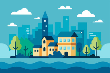 Naklejka premium Partially Drowned Coastal Town with High Water