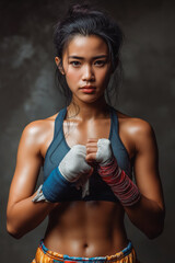 Vertical young confident Asian female Muay Thai boxer wrapping hands with sports bandage preparing to fight