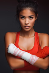 Vertical young confident Asian female Muay Thai boxer wrapping hands with sports bandage preparing to fight