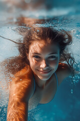 Woman swimming underwater in pool
