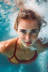 Woman swimming underwater in pool