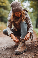 Woman tying shoelace on her hiking boot. Tourist is getting ready for autumn hike at woodland trekking trail