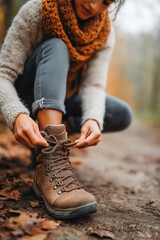 Woman tying shoelace on her hiking boot. Tourist is getting ready for autumn hike at woodland trekking trail