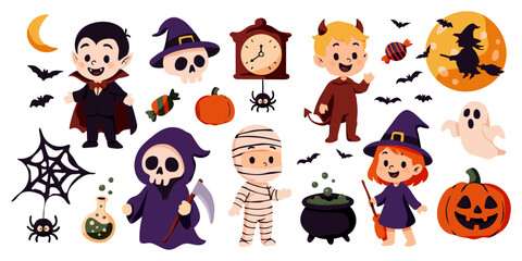 A collection of Halloween themed characters and objects, including a witch, skeleton, mummy, and pumpkin