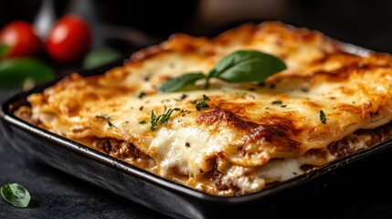 A mouthwatering tray of lasagna emerges from the oven, featuring layers of cheese, pasta and meat with fresh herbs, evoking warmth and comfort that home-cooked meals bring.