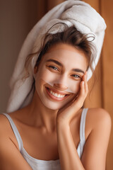 Young woman applying a facial sheet mask in a bathroom, enjoying a spa-like experience while taking care of her skin. Relaxation and self-care concept.