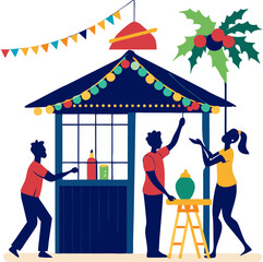 People decorating beach hut with holiday lights silhouette" on a white background