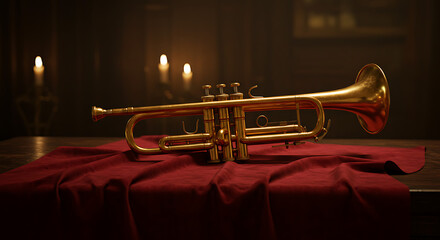 Obraz premium A trumpet placed on a velvet cloth in a dimly lit room, with reflections of candlelight on its surface.