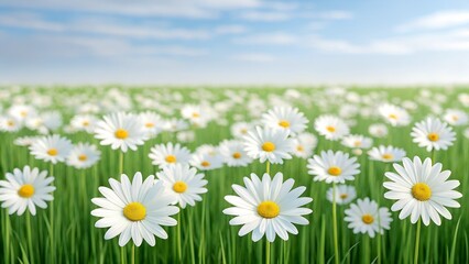 Fototapeta premium Field of white daisy flowers and green grass with soft clouds in blue sky wallpaper background