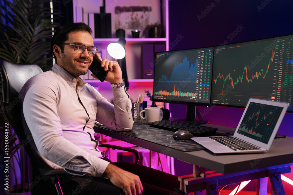 Poster trader smart businessman looking camera, calling to broker or partner, against on dynamic stock exch
