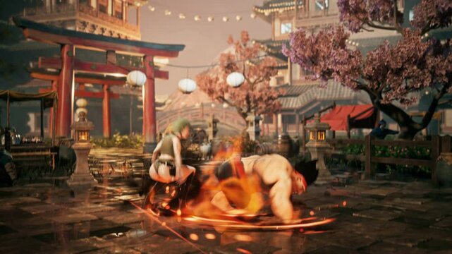 Cartoon fighters characters engages in martial arts battle in a video game. Strong fighters battling each other on a virtual game map. Fighters battle using magical powers in a computer game.