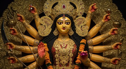 The Golden-Hued, Multi-Armed Idol of Goddess Durga Adorned with Intricate Jewels and Crown, hindu goddess, durga, mother goddess 