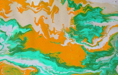 Abstract white-turquoise-orange background.  Bright colors. The effect of a stone or a wave.