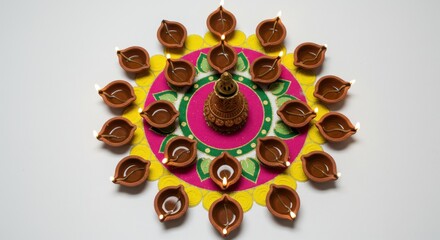Traditional Clay Diyas Arranged in a Festive Rangoli Pattern for Diwali Celebrationsdiwali, diya, clay lamp, oil lamp, traditional, festive