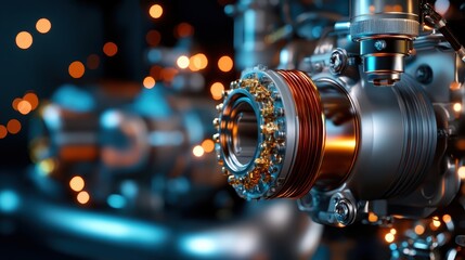 A detailed close-up of a metallic engine component featuring intricate designs and glowing orange accents, highlighting engineering brilliance and precision in automotive technology.