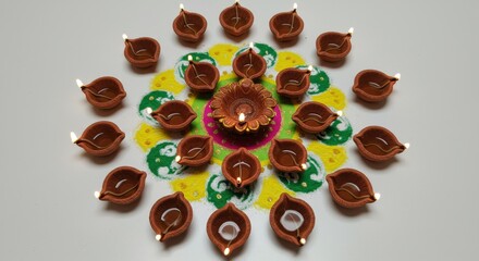 Traditional Clay Diyas Arranged in a Festive Rangoli Pattern for Diwali Celebrationsdiwali, diya, clay lamp, oil lamp, traditional, festive