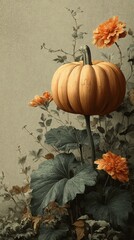 A pumpkin and flowers on a neutral background artwork