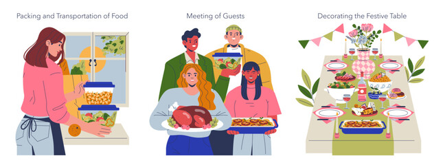 Packing Food, Meeting Guests, and Festive Table Setup