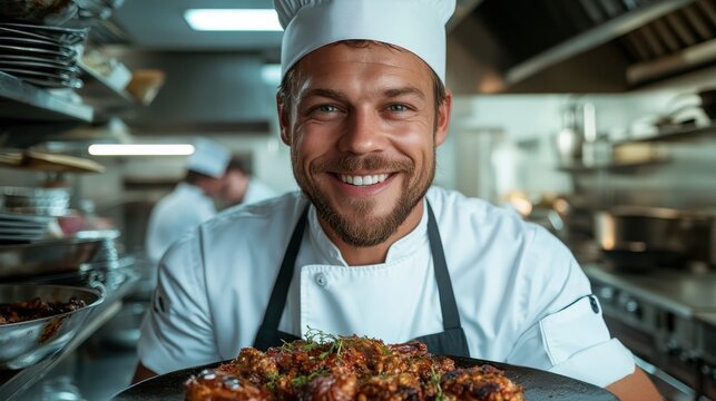 A joyful chef proudly presents a beautifully plated gourmet dish in a busy kitchen, showcasing the artistry and creativity behind culinary excellence.