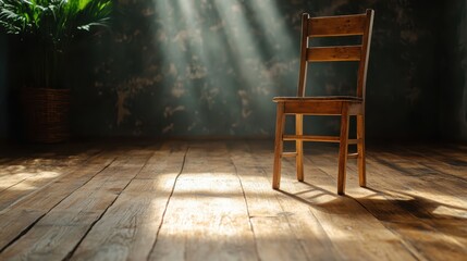 A wooden chair positioned in a sunlit room, capturing a moment of solitude and calmness, inviting viewers to reflect on themes of loneliness and contemplation.