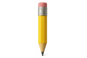 Sharpened yellow pencil with pink eraser standing vertically, digital rendering against transparent backdrop, ready for sketching