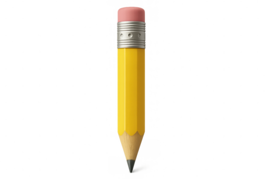 Sharpened yellow pencil with pink eraser standing vertically, digital rendering against transparent backdrop, ready for sketching