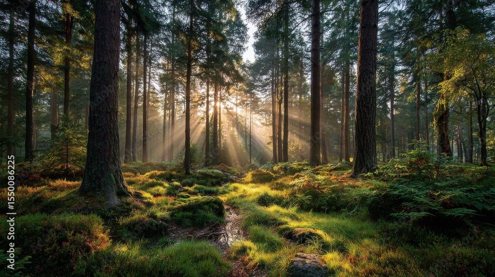 Poster sunlight streams through tall trees in a tranquil forest, illuminating the lush greenery and creatin