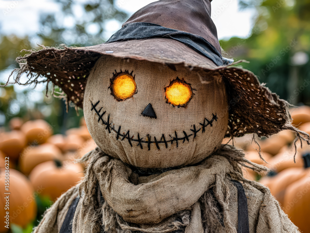 Poster scarecrow with a hat and a face with a yellow light in the middle. the scarecrow is surrounded by pu
