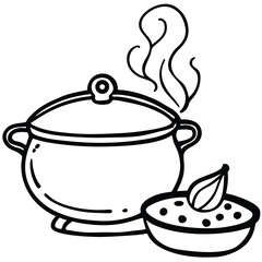 Traditional clay cooking pot with a lid and visible steam lines isolated on white background