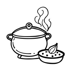 Hand drawn illustration of a steaming pot with a small bowl of food and a leaf garnish isolated on white background