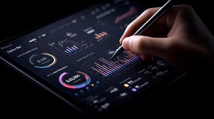 Dark SaaS dashboard UI on left, with hand and stylus interacting. Right side left blank for text. Clean, glowing interface for B2B business or product promo.