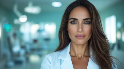 A confident young female doctor stands prominently in a clinical setting, symbolizing strength, professionalism, and dedication in healthcare, portraying a sense of modernity and care.