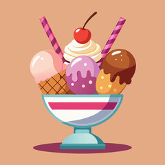 Delicious ice cream sundae with three scoops whipped cream cherry and wafer isolated on white background