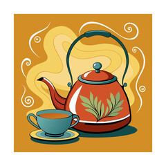 A stylized illustration of a red teapot with green leaves and a blue teacup filled with amber liquid isolated on white background
