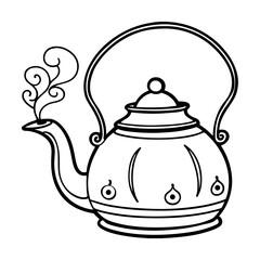 Stylized black and white line drawing of a steaming teapot with decorative elements isolated on white background