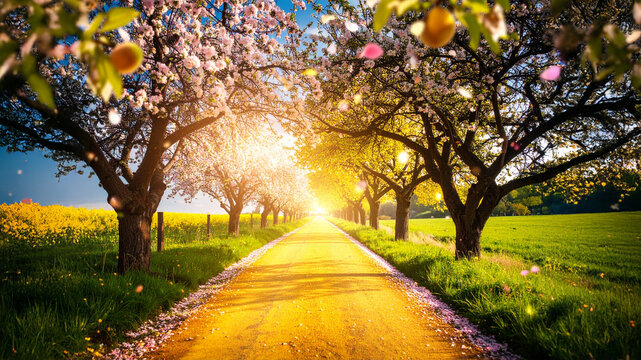 A golden path lined with blossoming trees unfolds beneath a canopy of pink and white flowers. The symmetrical layout and backlit warmth evoke spring renewal, tranquility, and dreamlike beauty.