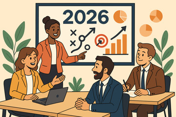 Business team brainstorming the 2026 strategic plan. Diverse colleagues in a meeting setting annual goals and future direction. Corporate presentation with charts and target.
