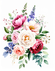 Watercolor painting of beautiful floral bouquet composition. Blooming flowers. Hand drawn art