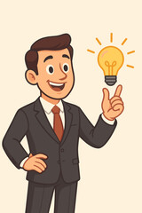 Businessman in suit presenting creative idea with glowing lightbulb. Cartoon vector illustration of professional offering innovation, business solution, leadership, and success concepts.