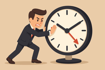 Businessman pushing large clock backward, time management stress, deadline pressure, procrastination concept, cartoon vector illustration, reversing time, business urgency, overtime, work crisis