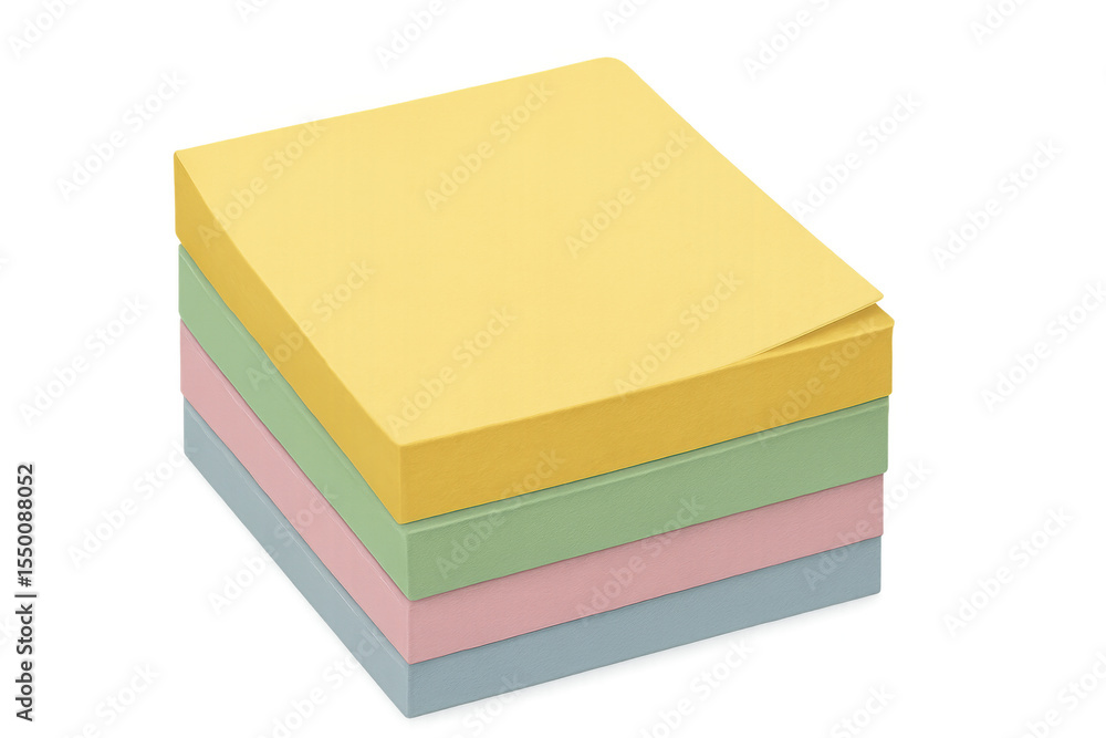 Poster pastel sticky notes stacked neatly, displaying soft colors against transparent backdrop, waiting for