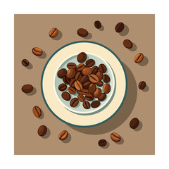A pile of roasted coffee beans in a light colored bowl with scattered beans around it isolated on white background