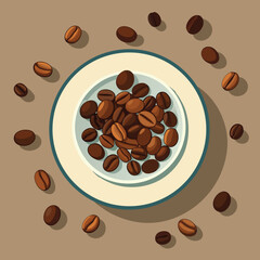 Overhead view of scattered coffee beans artfully arranged on a saucer plate isolated on white background